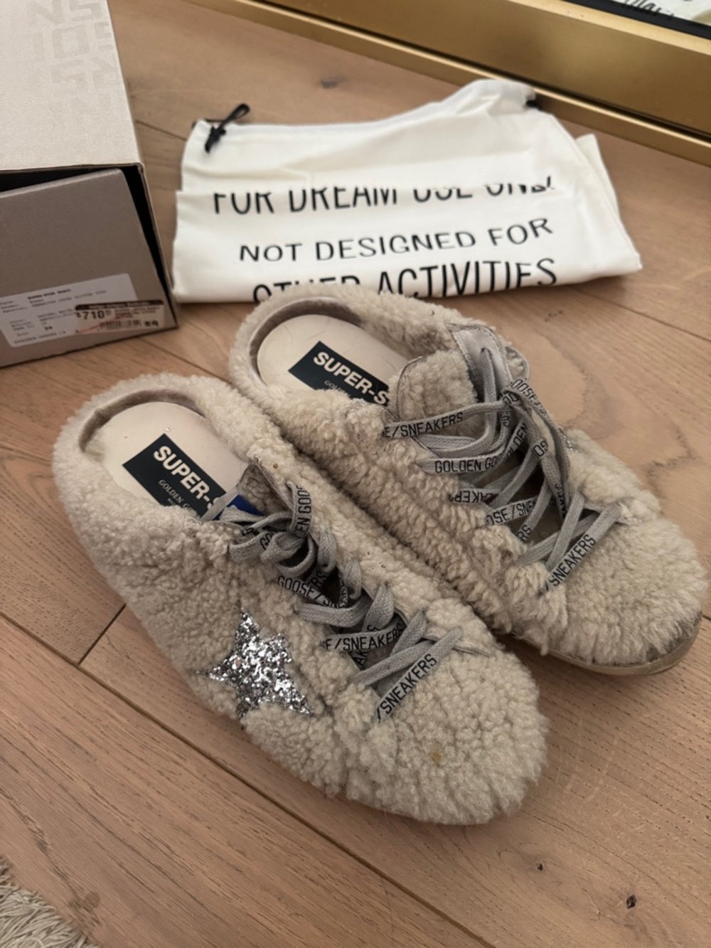Golden Goose Cream Shearling Sneakers with Silver Glitter Star